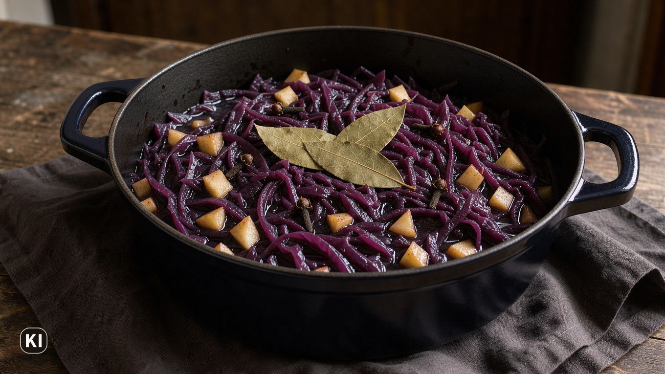 KI-Bild: Geschmorter Rotkohl mit Apfelwürfeln, Gewürznelken und drei Lorbeerblättern in einem dunklen Schmortopf