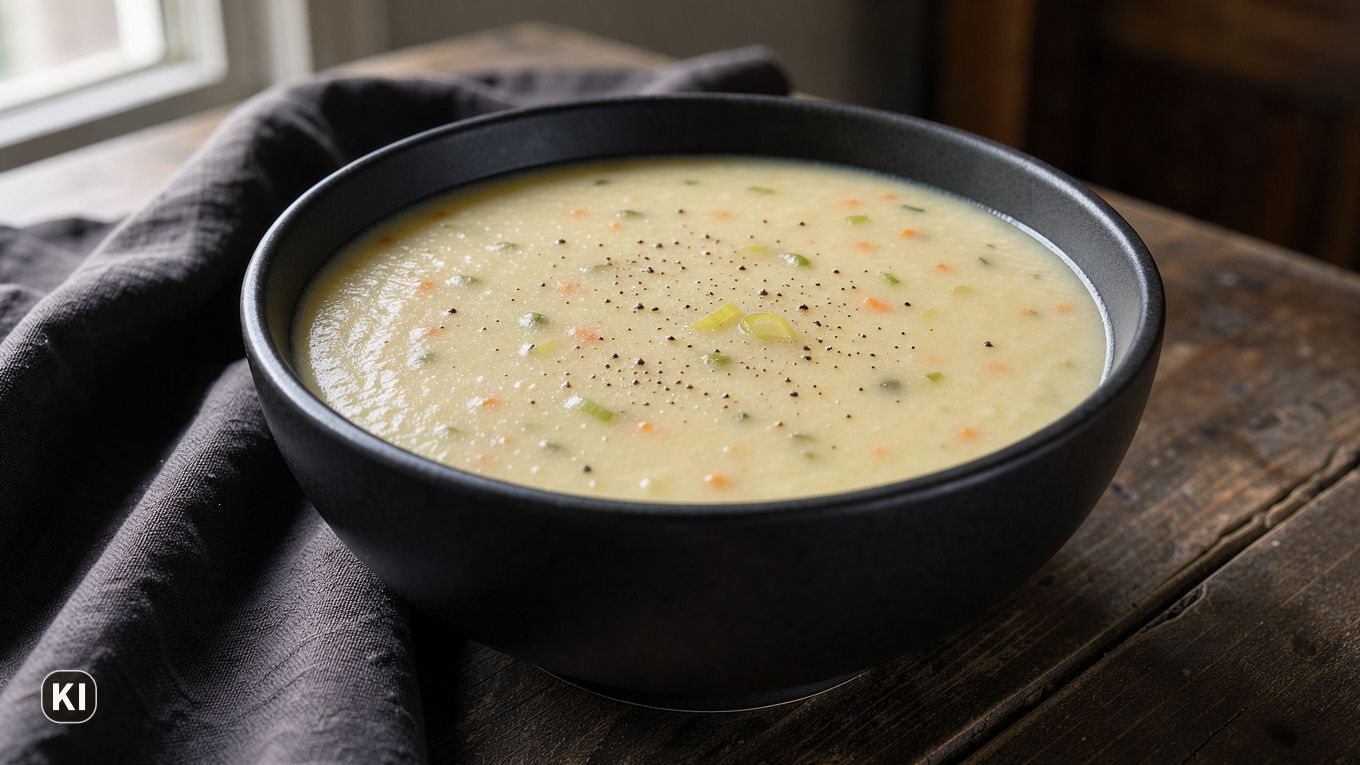 KI-Bild: Cremig pürierte Kartoffelsuppe mit Möhren- und Lauchstückchen und frischem Pfeffer in einer dunklen Schale