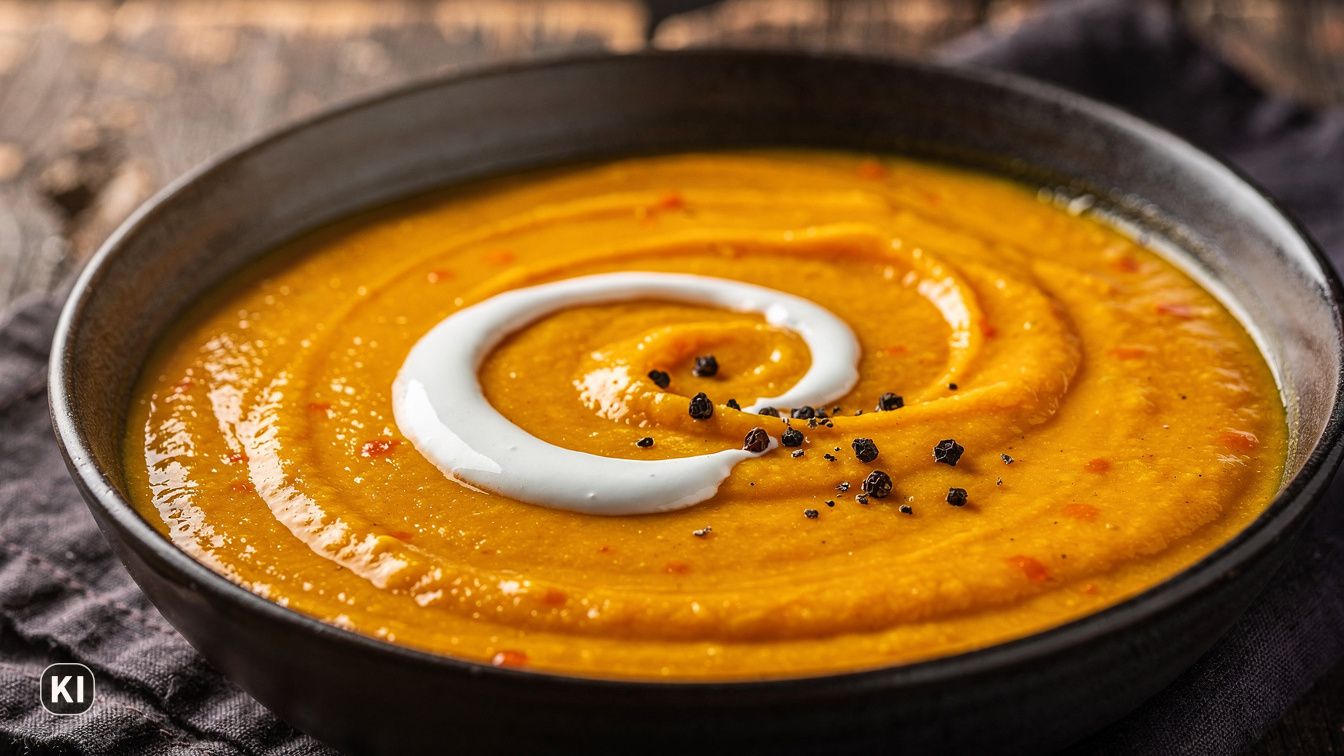 KI-Bild: Kürbissuppe mit Hokkaido, glatt püriert in einer dunklen Schale, mit einem Schwung Sahne und etwas Pfeffer